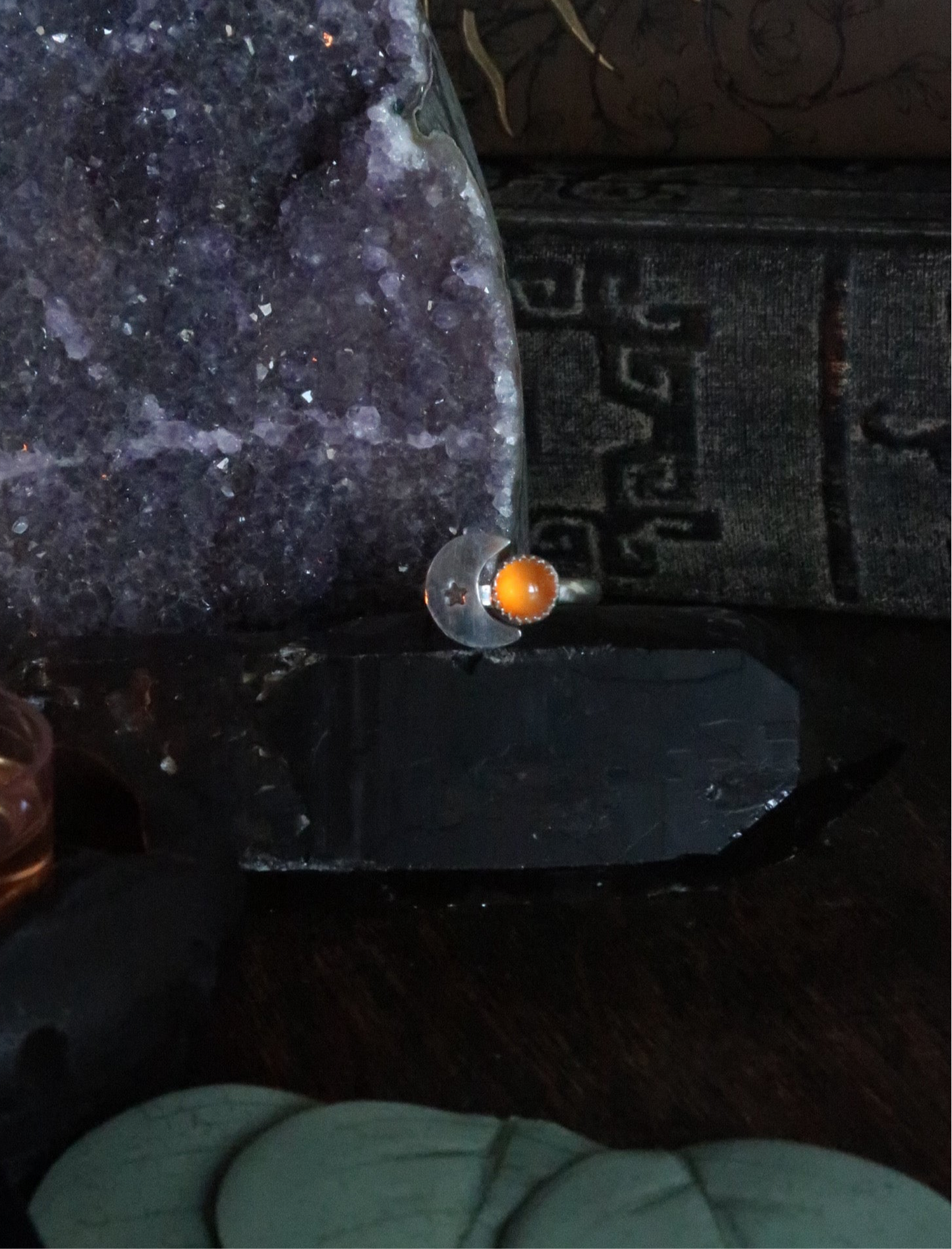 Carnelian Crescent Moon Adjustable Ring -Size 5